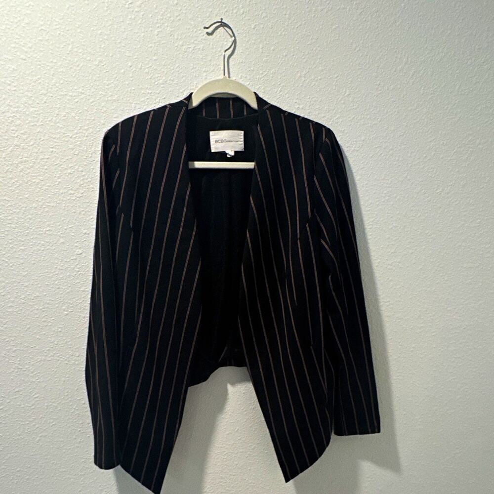 BCBGeneration Women’s Black Pinstripe Open Front No Button Blazer Size L 0116